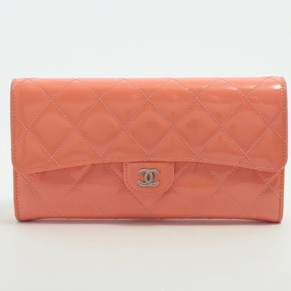 Chanel Quilted Patent leather Wallet, Pink/Orange - Picture 1 of 12